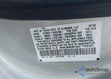 2005 Honda Odyssey Ex from USA, damaged, VIN 5FNRL38465B018227